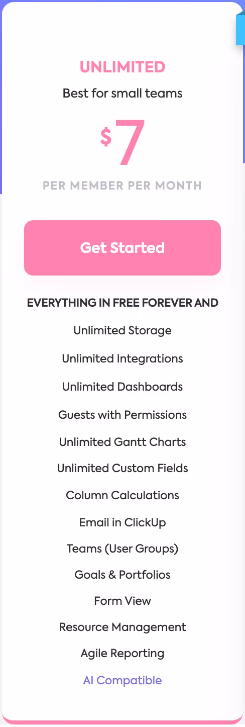 ClickUp's Unlimited Pricing Plan