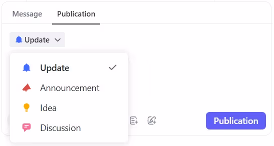 Choisir le type de message : update, annonce, idée, discussion