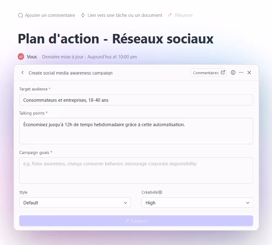 Utilisation des outils de ClickUp AI sur les documents