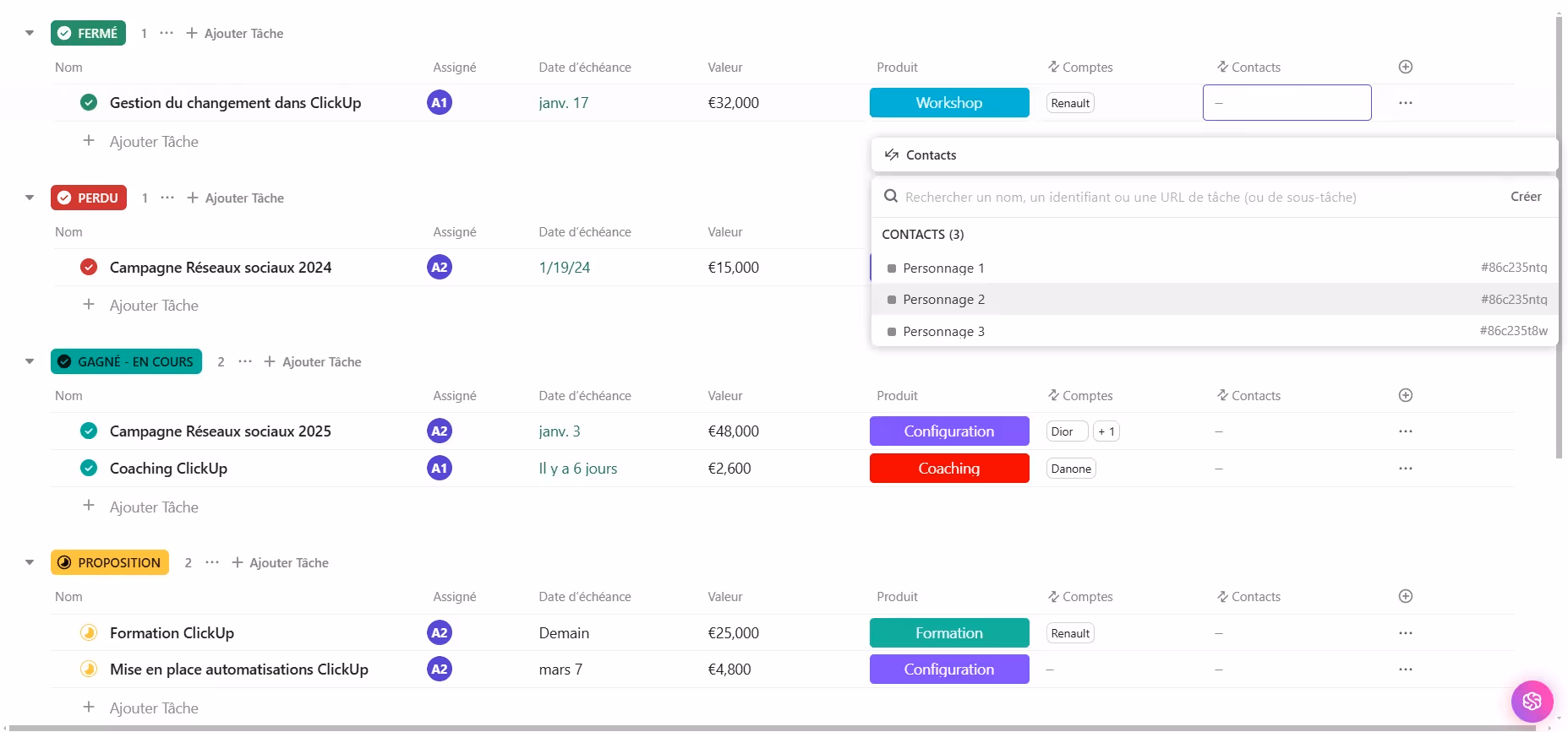 Vue liste d'un CRM Commercial