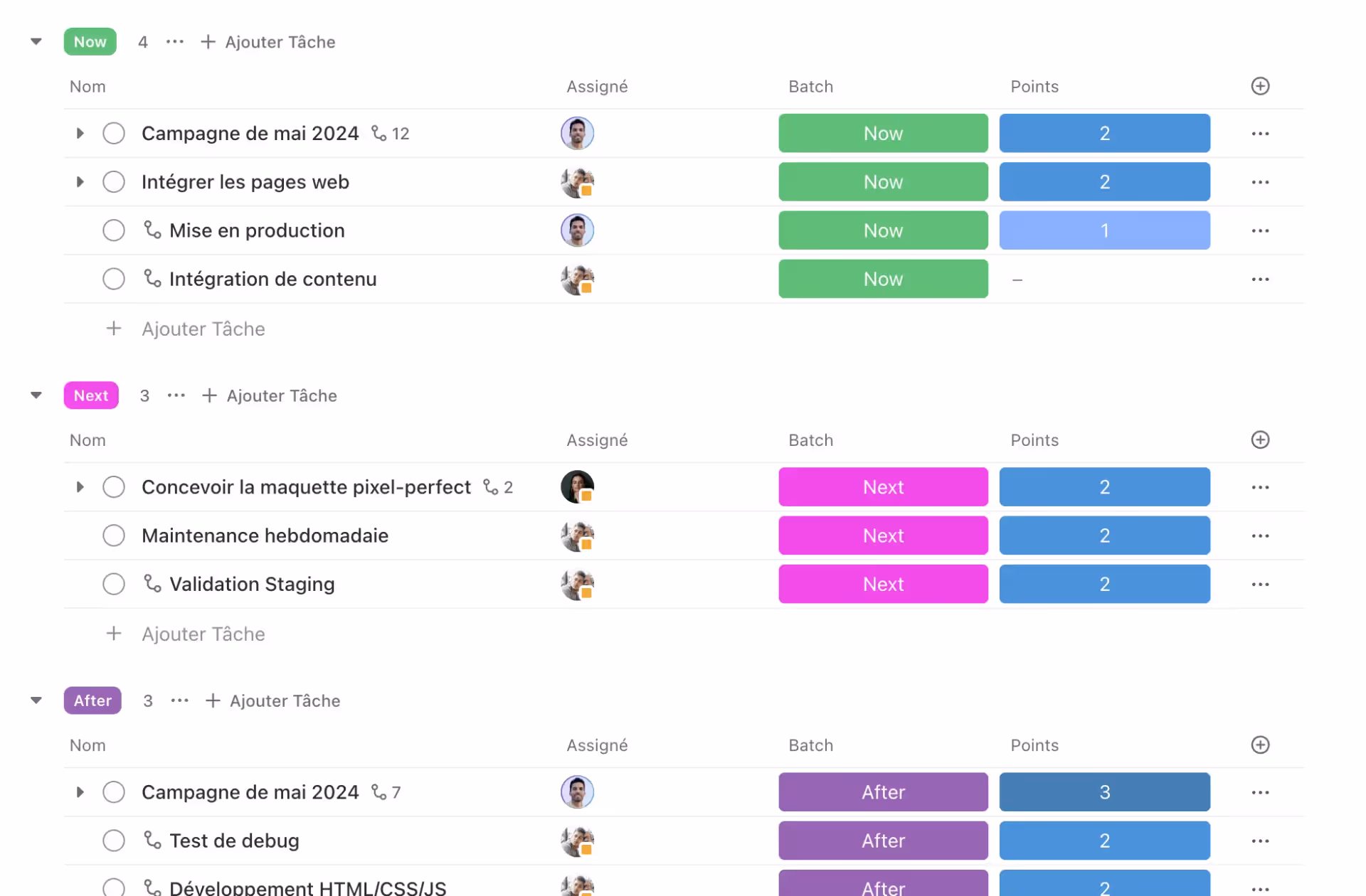 Vue liste des tâches avec les Batch et les points