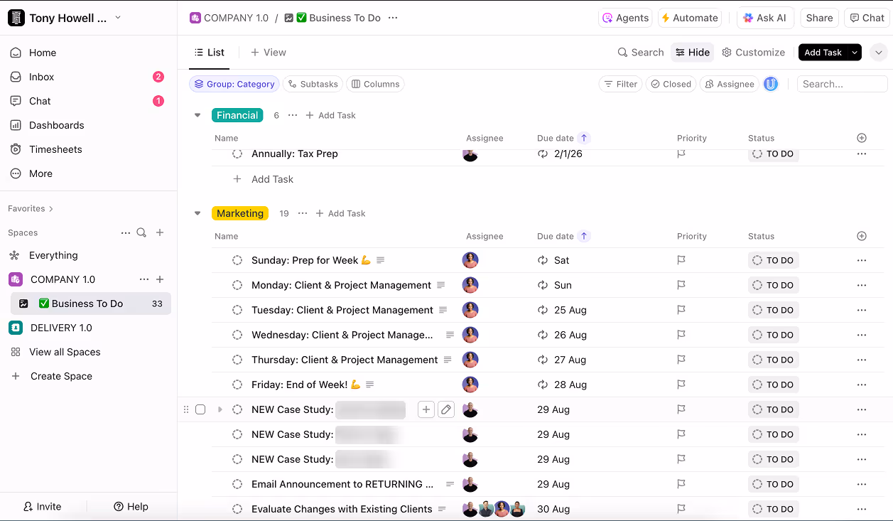 Tony Howell workspace before ClickUp implementation