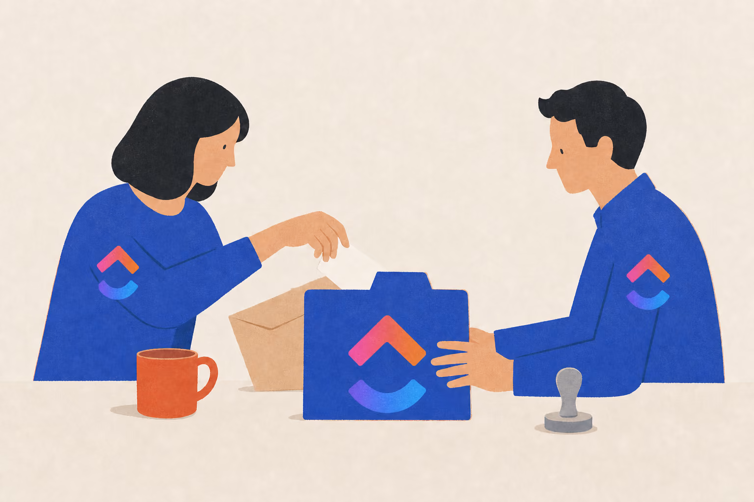 Two teammates handle a job jacket as one slides a blank card from a proof envelope into it