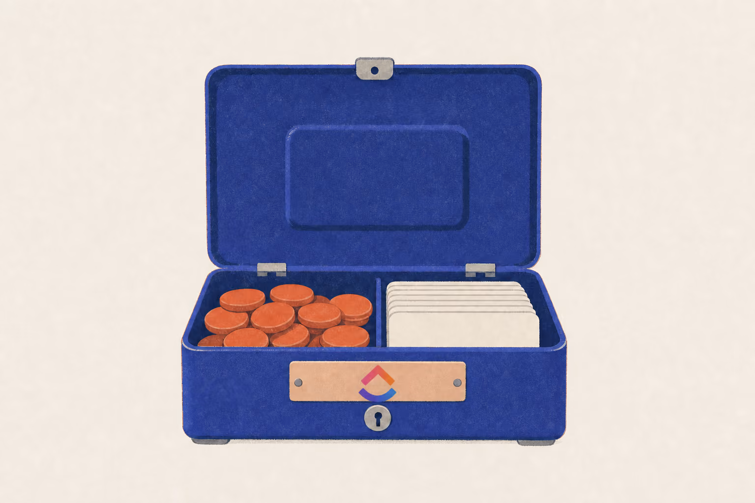 An open cash box holds tokens in one compartment and membership cards in another