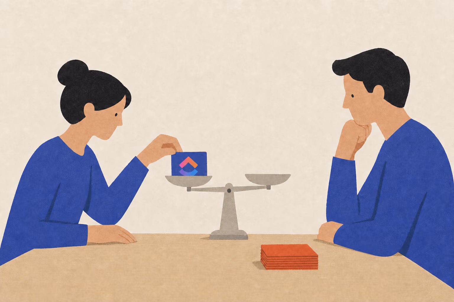 Two people use a balance scale as one places a capacity card on a pan beside stacked task cards