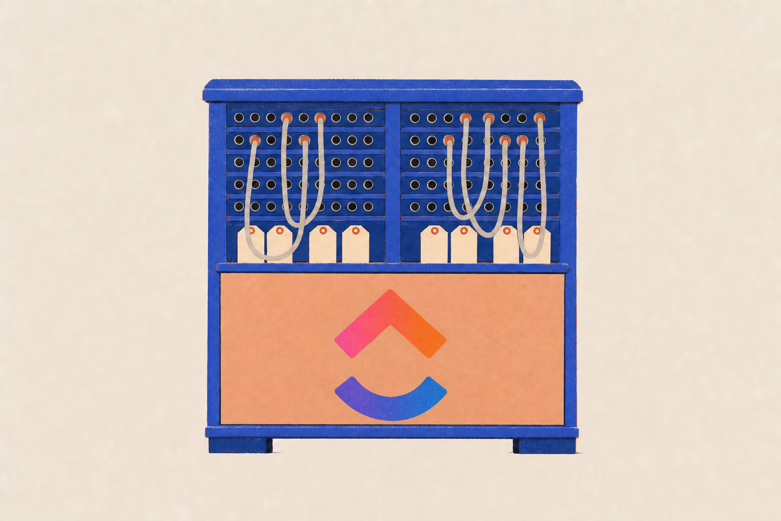 A telephone switchboard has looped plug cords and blank tags tucked into its lower panel
