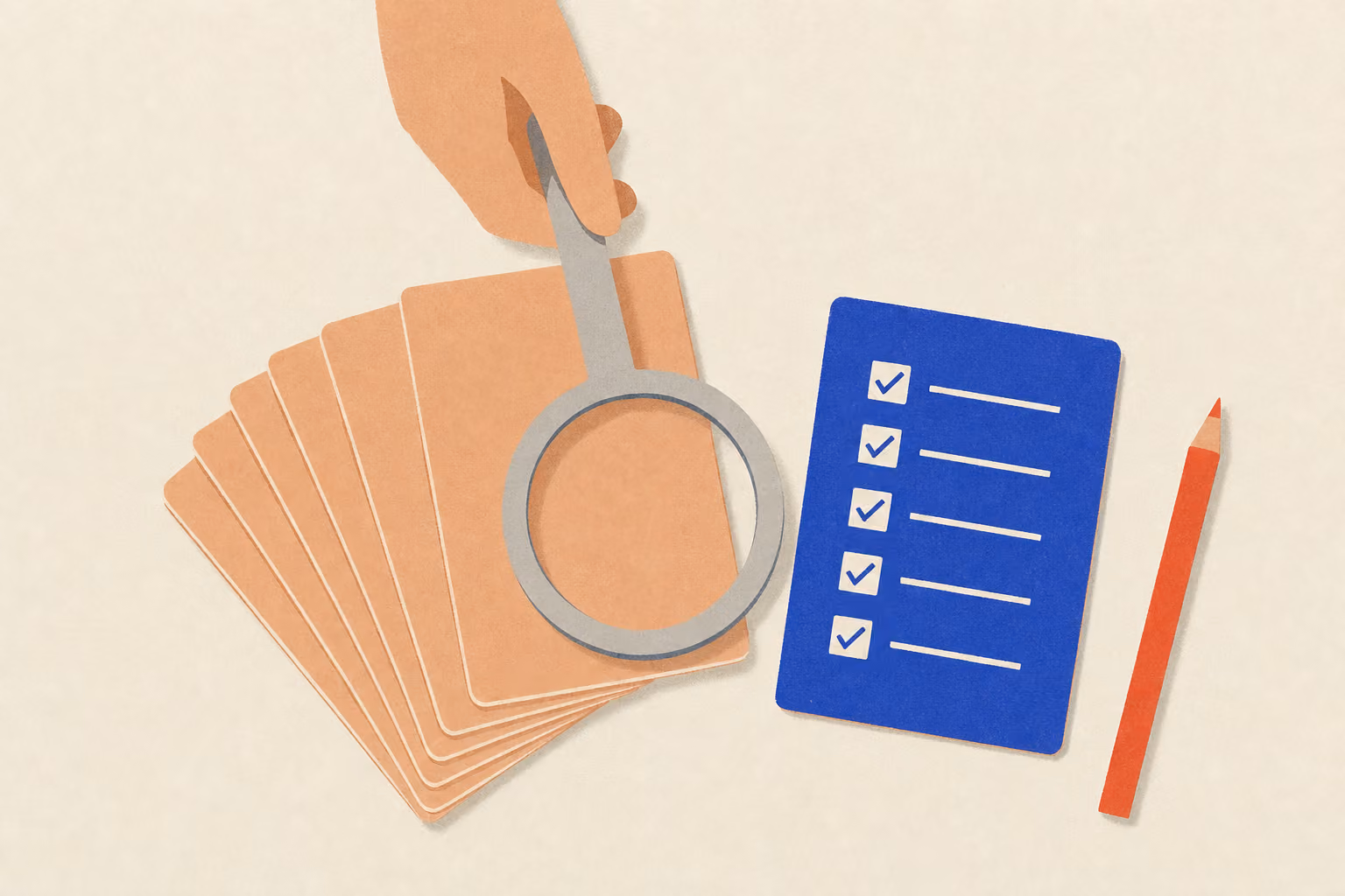 A magnifier lies across six fanned cards beside a checklist card and a pencil