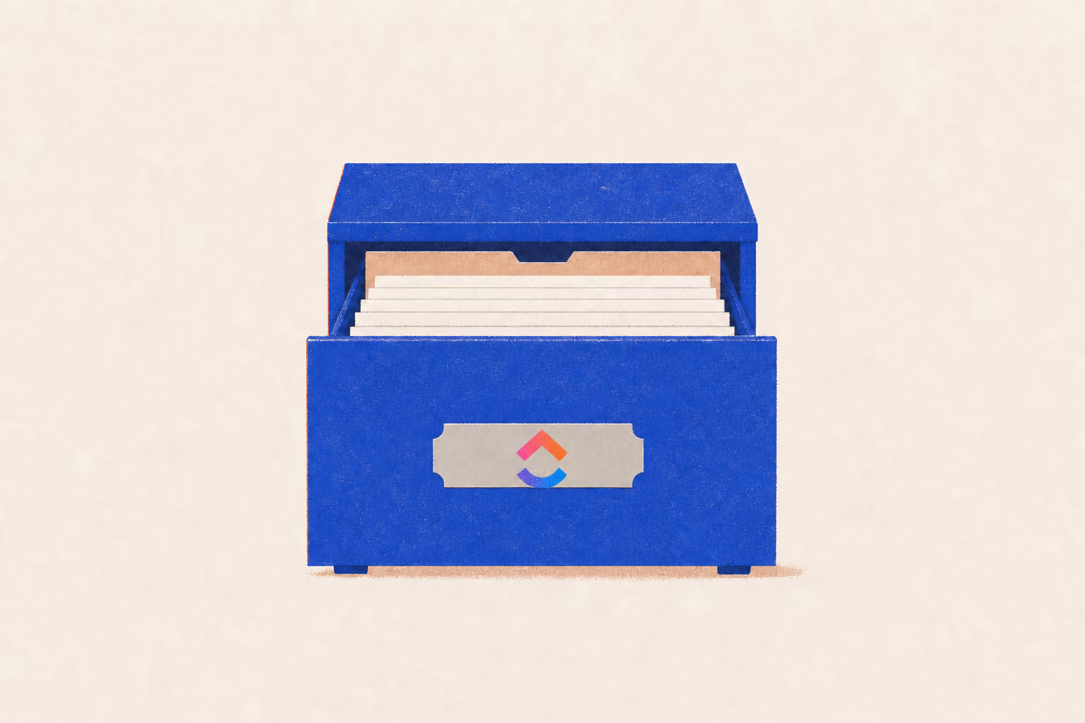 An open filing drawer shows completed cards sliding into a rear pocket