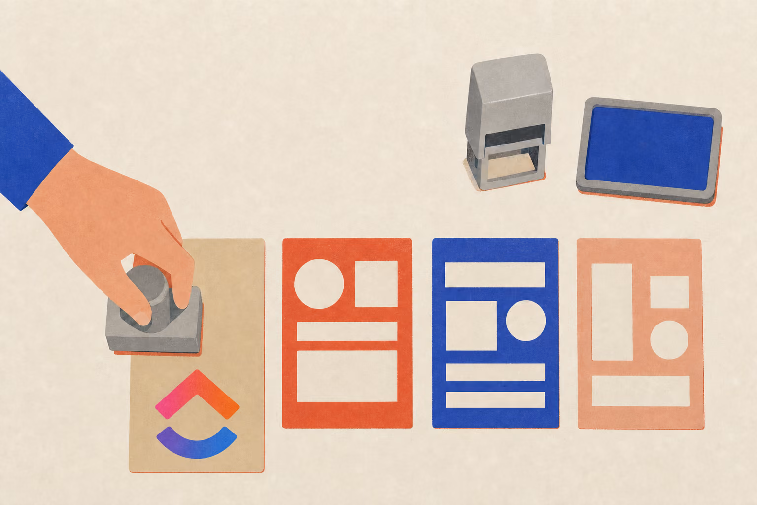 A hand presses a stamp onto the first card in a row of template cards beside a stamp pad
