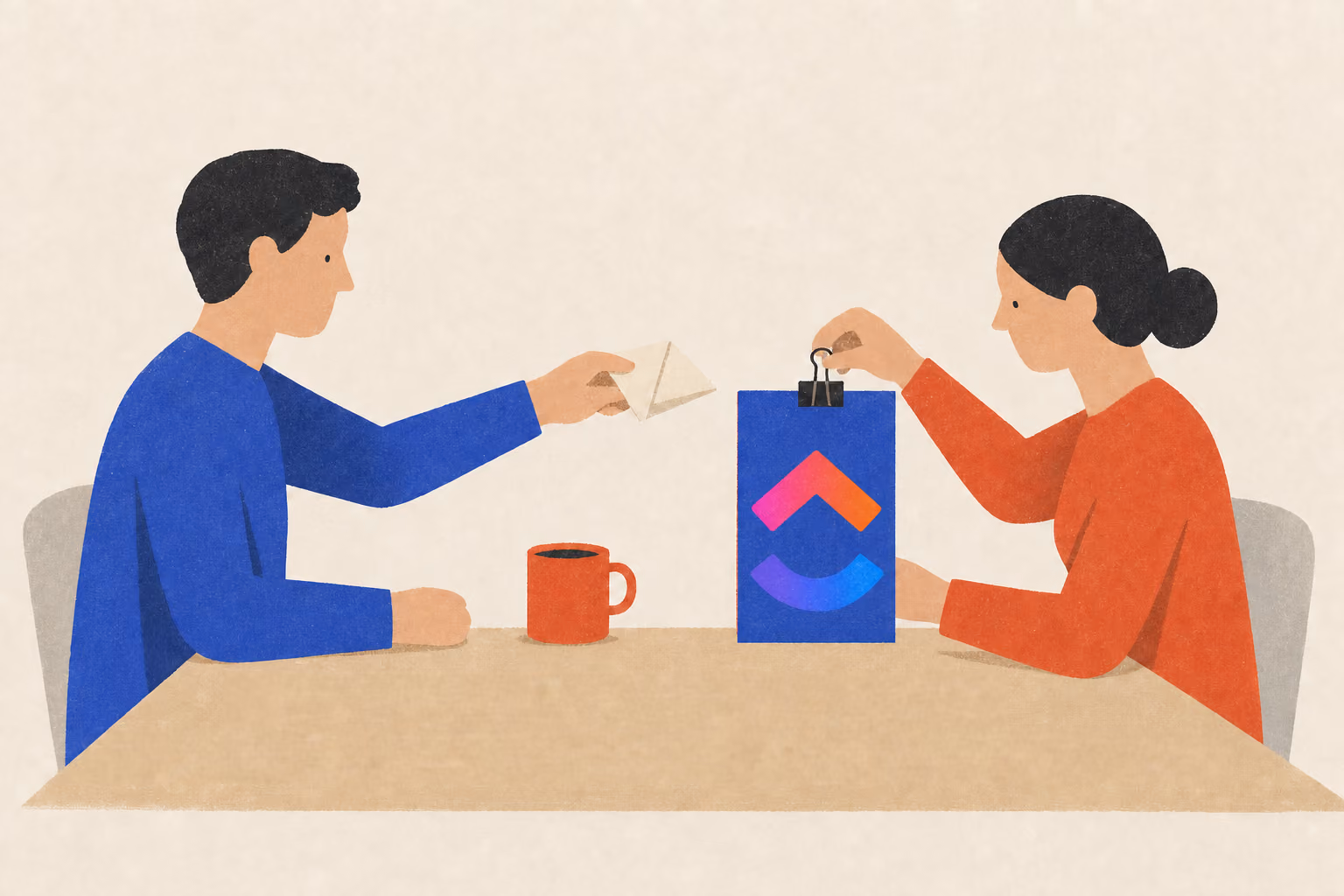 One teammate passes a folded note while another clips it onto a task card beside a mug