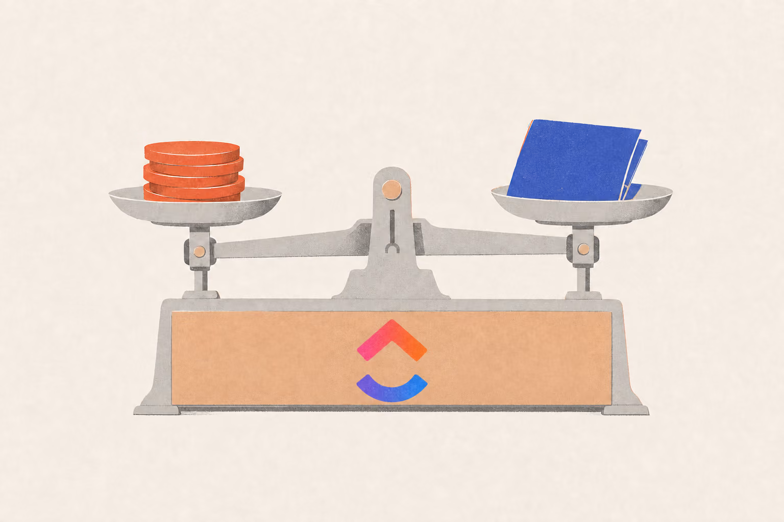 A merchant's balance weighs a stack of coins against a folded work order