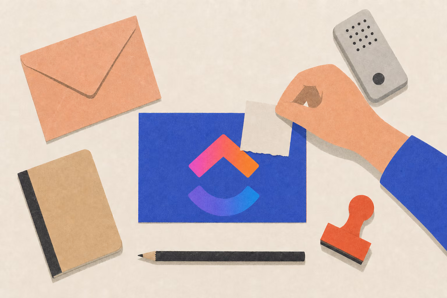 A hand places a small clipping on a task card surrounded by an envelope, notebook, recorder, stamp, and pencil