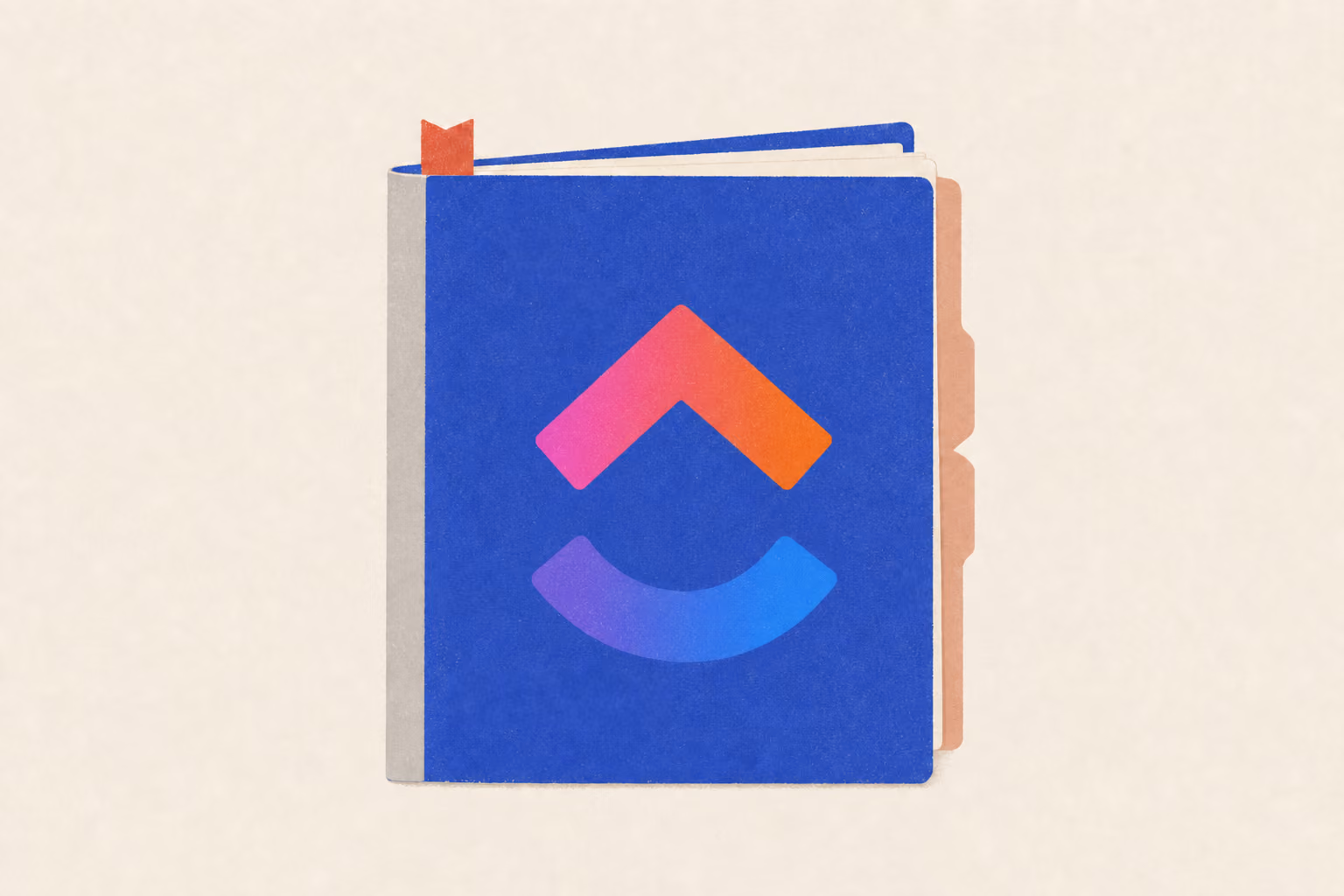 A document folio is partly open, revealing a sheaf of papers, divider tabs, and a page marker