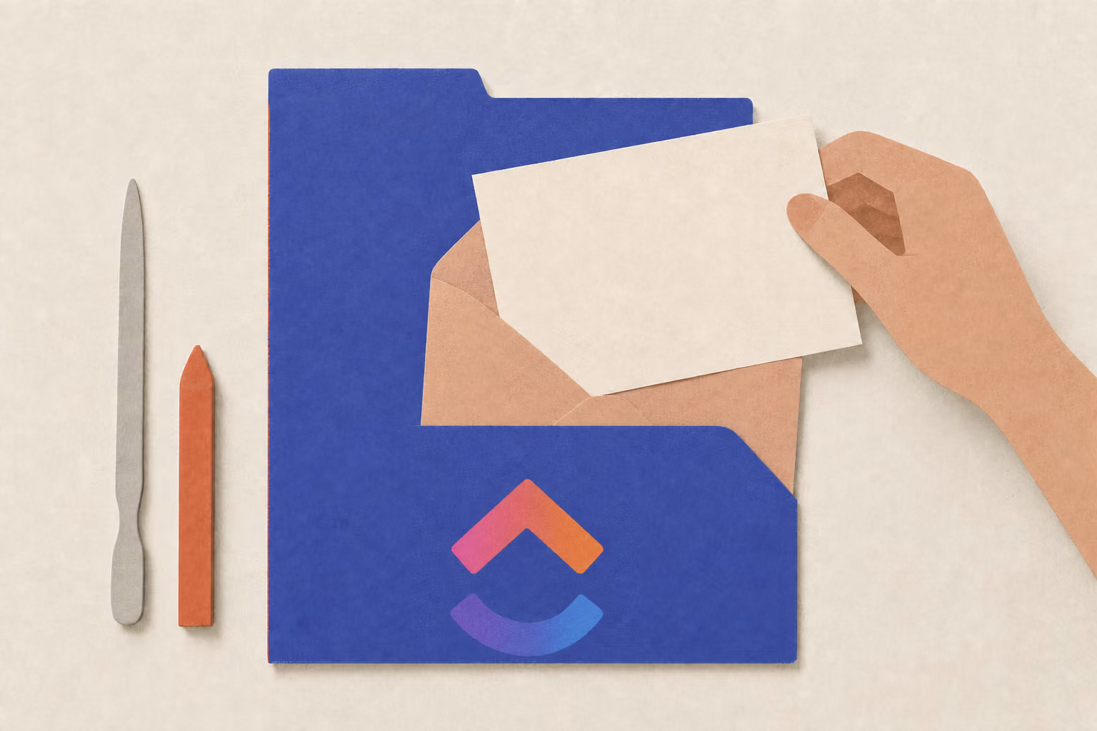 A hand slides a blank card from an envelope toward a task folder beside a letter opener and wax stick