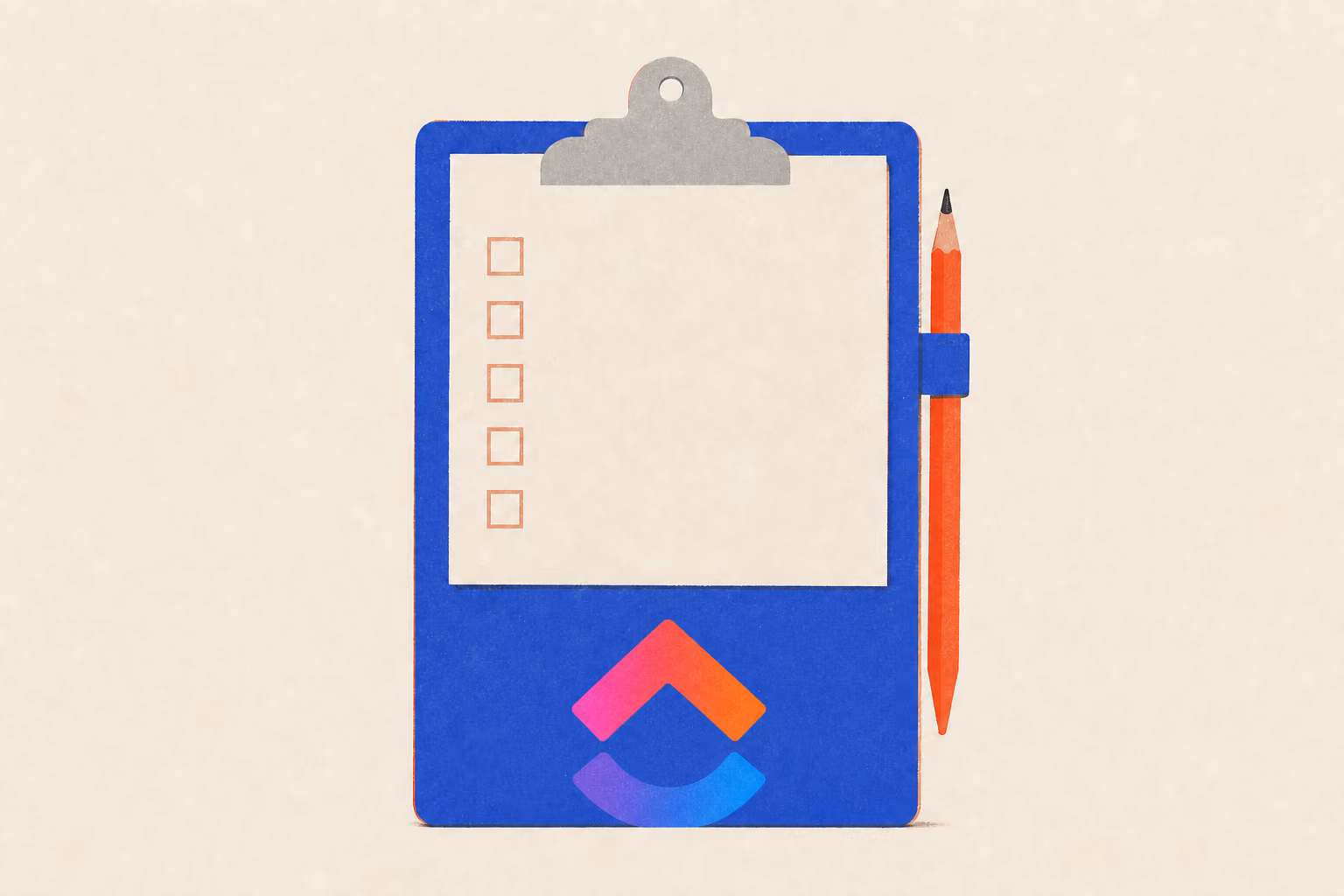 A clipboard holds a blank form sheet with small boxes and a pencil tucked along the side