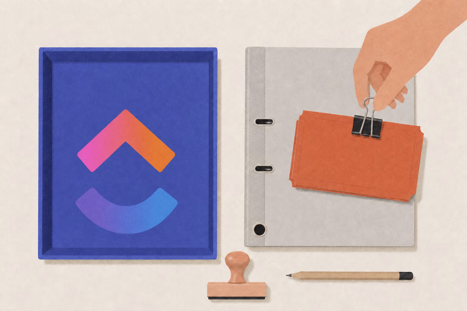 A hand lifts clipped ticket cards from a repository binder and places them into a task tray