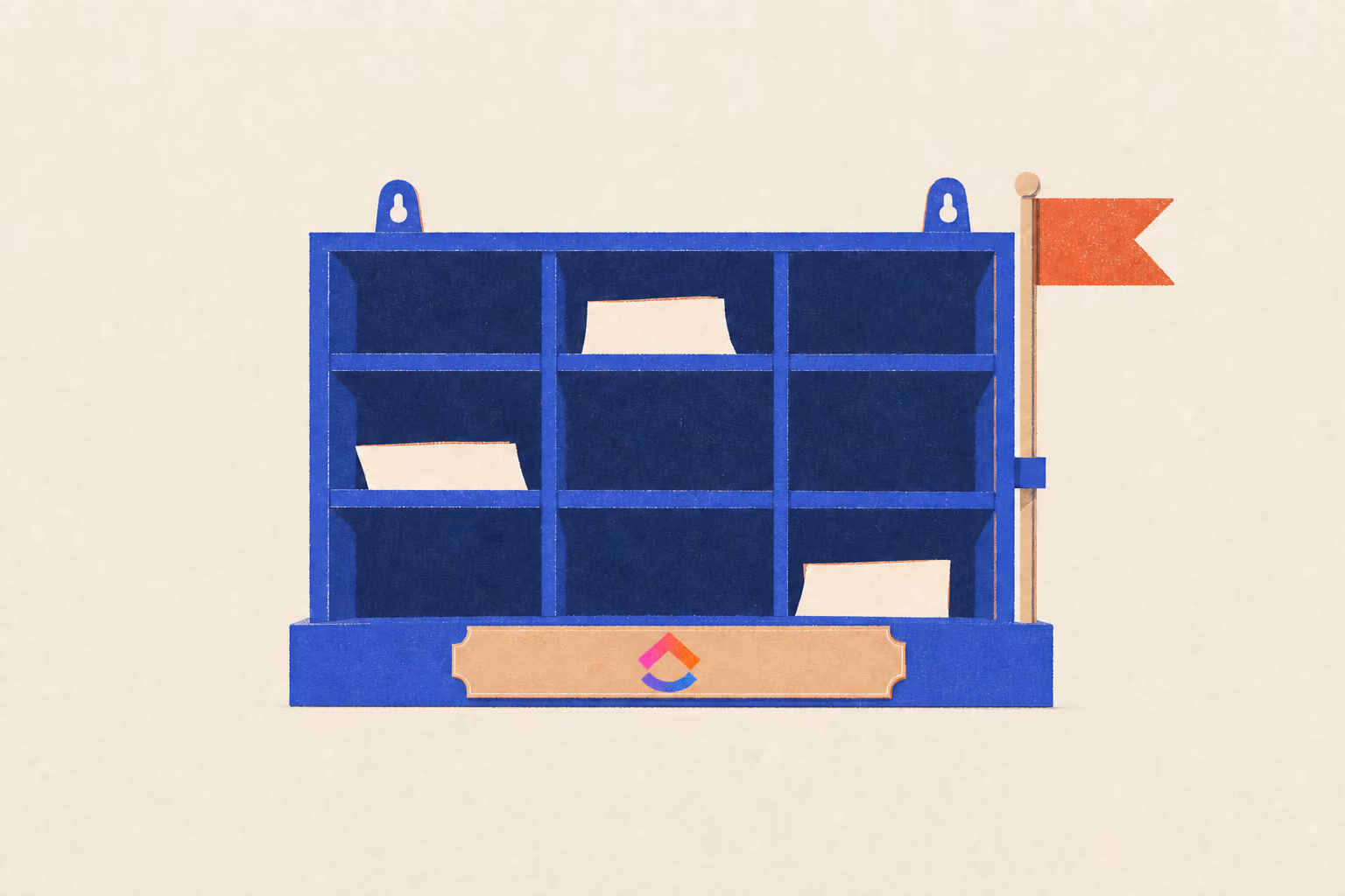 A wall pigeonhole rack holds protruding slips, with one raised flag and a blank nameplate