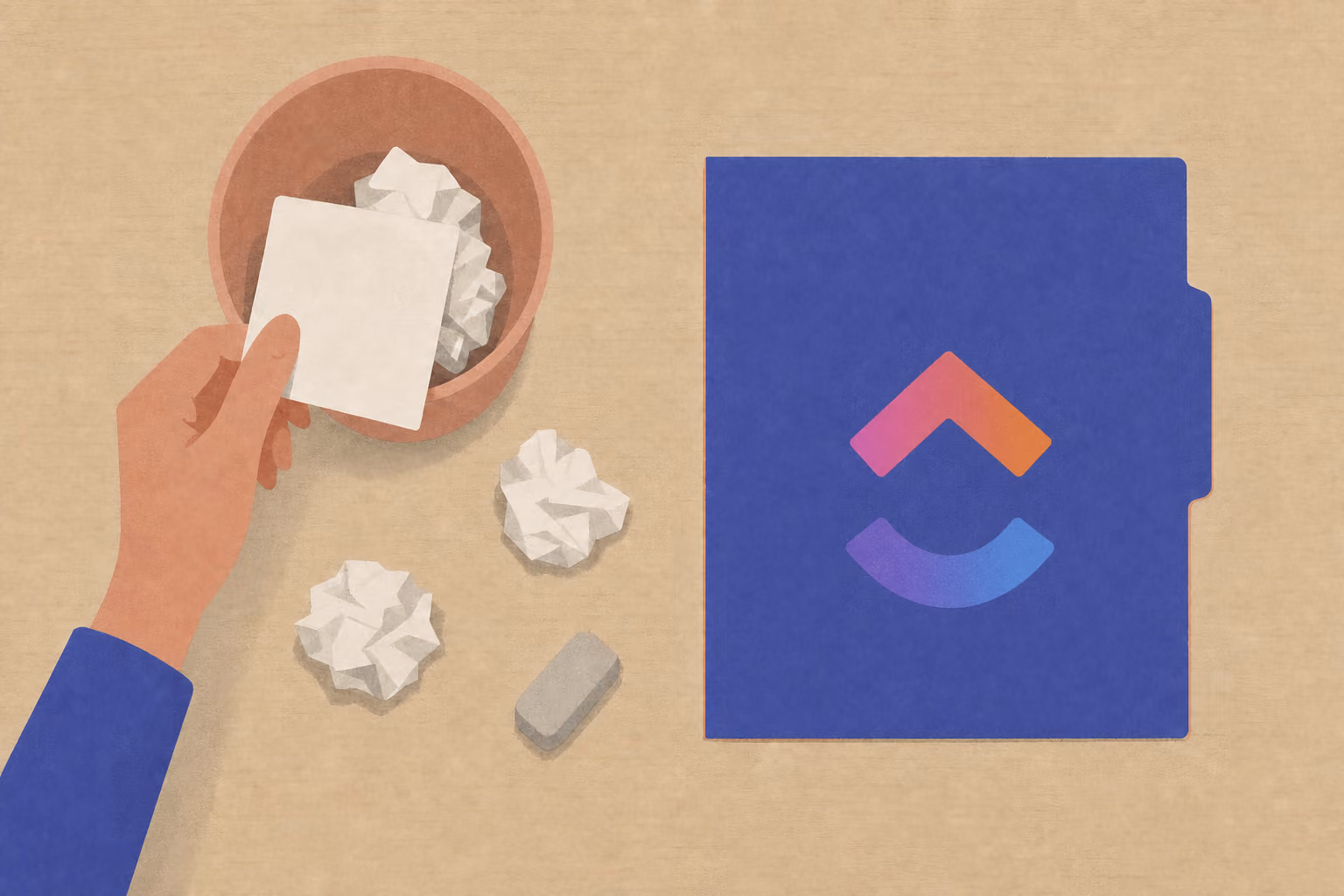 A hand pulls a crumpled task card back from a wastebasket beside an eraser and rescue folder