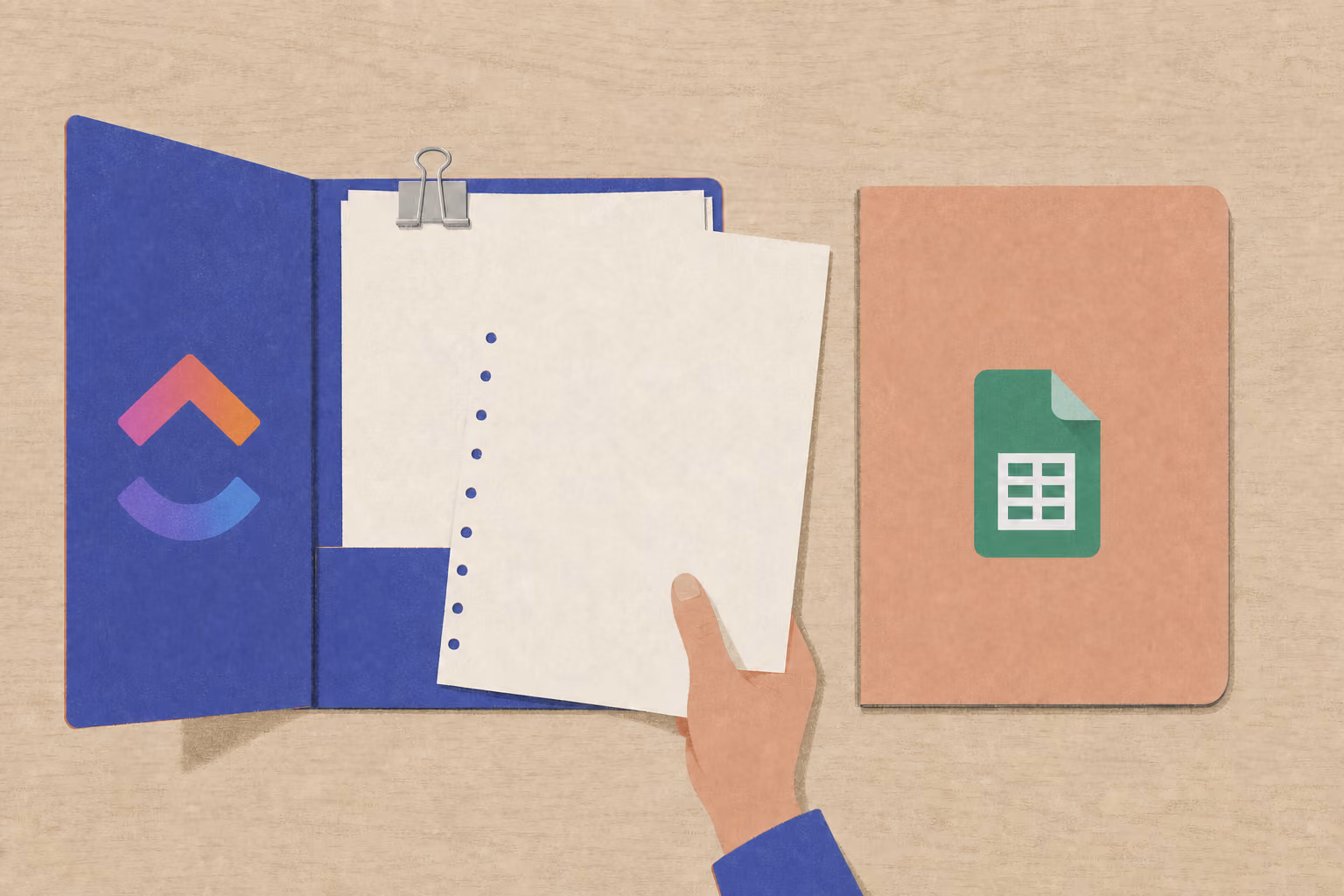 A hand pulls a perforated sheet from an open task folder toward a closed ledger pad
