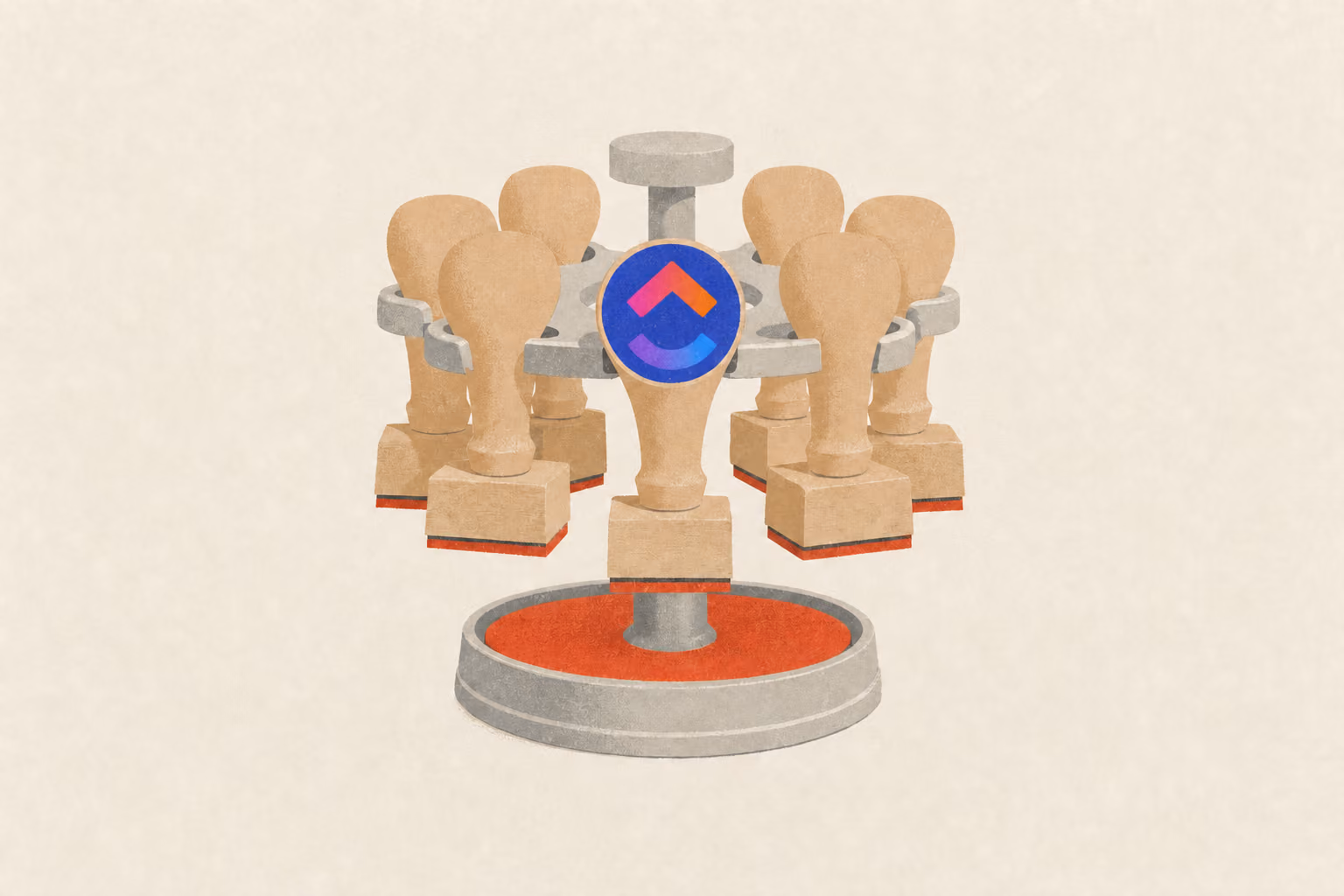 A rotating desk stamp rack holds several short stamps above an ink pad built into the base