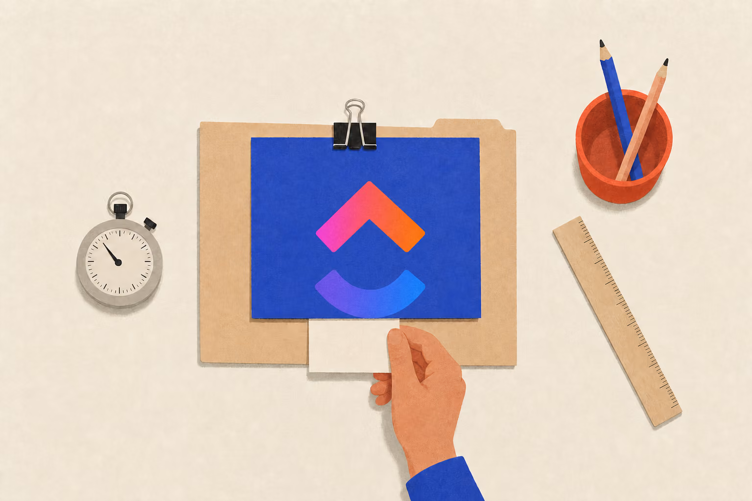 Une main glisse une sous-tâche sous une carte de tâche attachée près d’un chronomètre, d’une règle et d’un pot à crayons