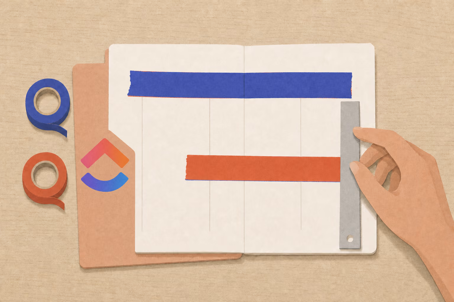 A hand places a ruler along the edge of a tape strip in an open paper planner