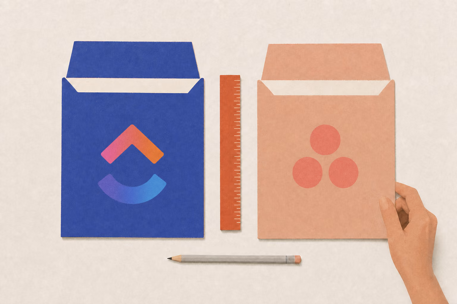 Two open project folders sit side by side with a ruler between them and a pencil below