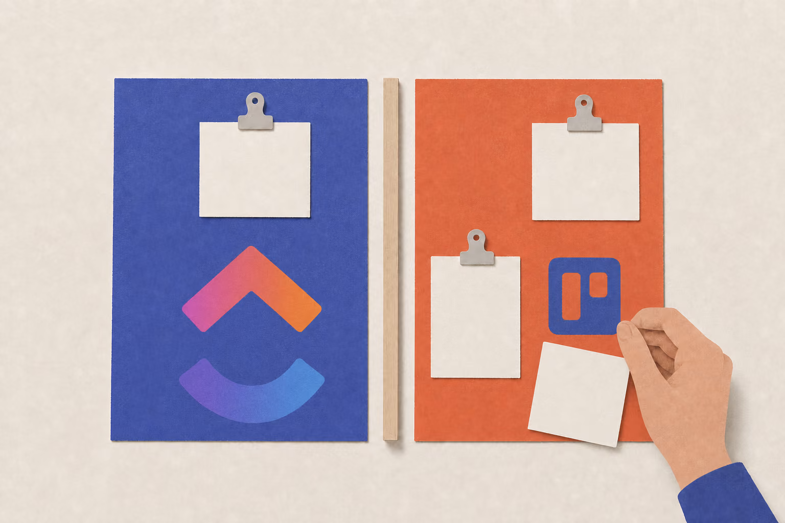Two card boards hold blank cards under clips, separated by a divider