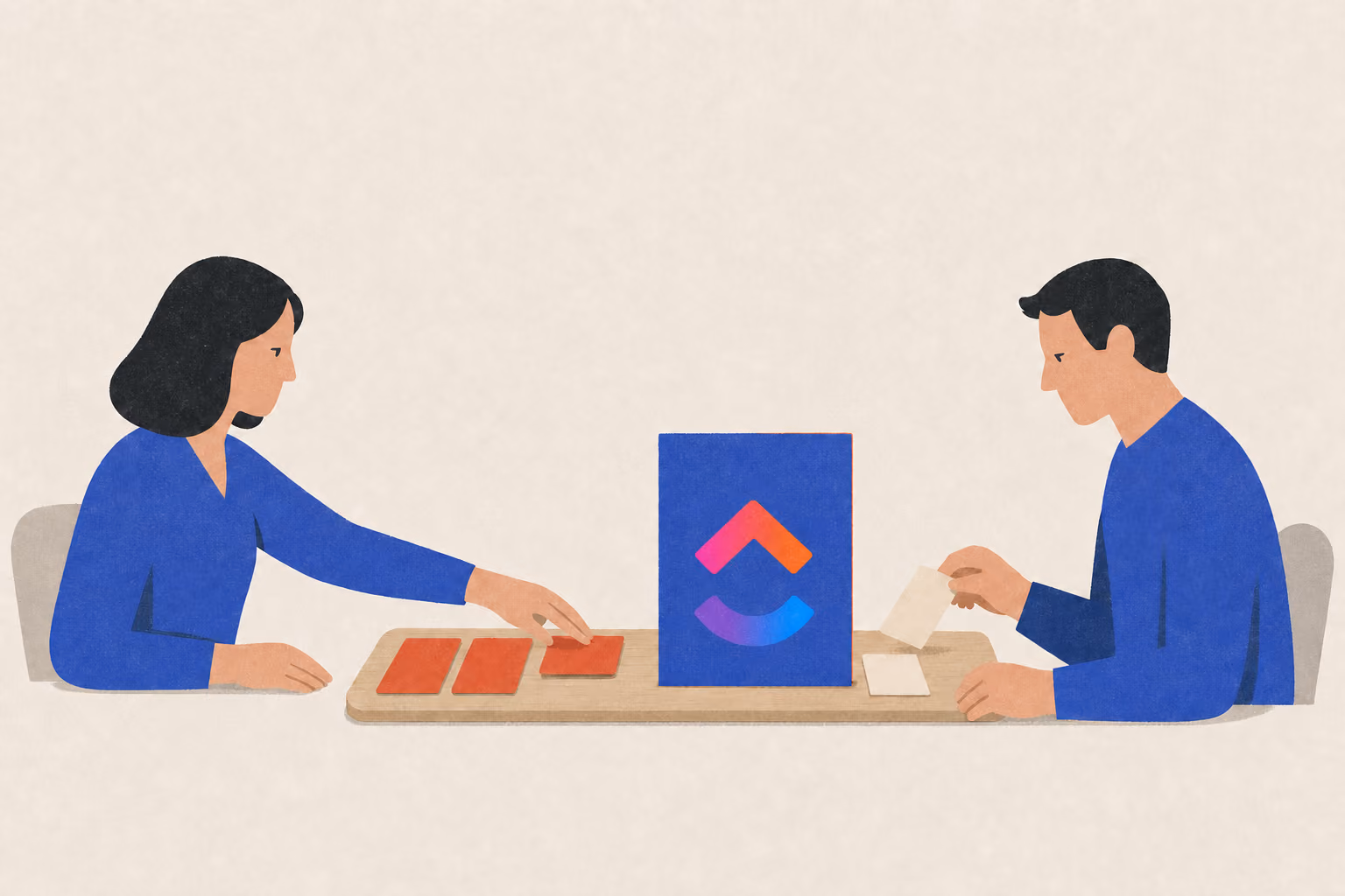Two teammates move workload cards between a balance board and a capacity folder