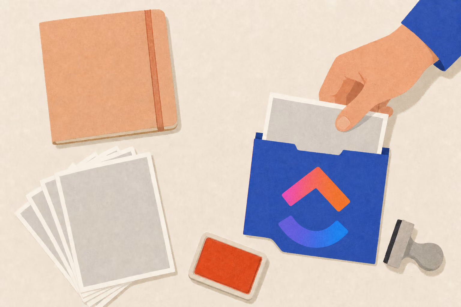 A hand slips the top photo print into a sleeve beside a posting planner, stamp pad, and stamp