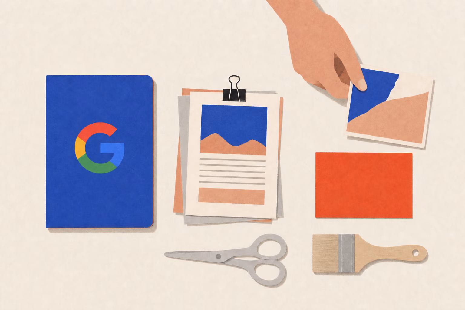 A hand slides a clipped page toward a postcard beside a notebook, scissors, brush, and paper stack