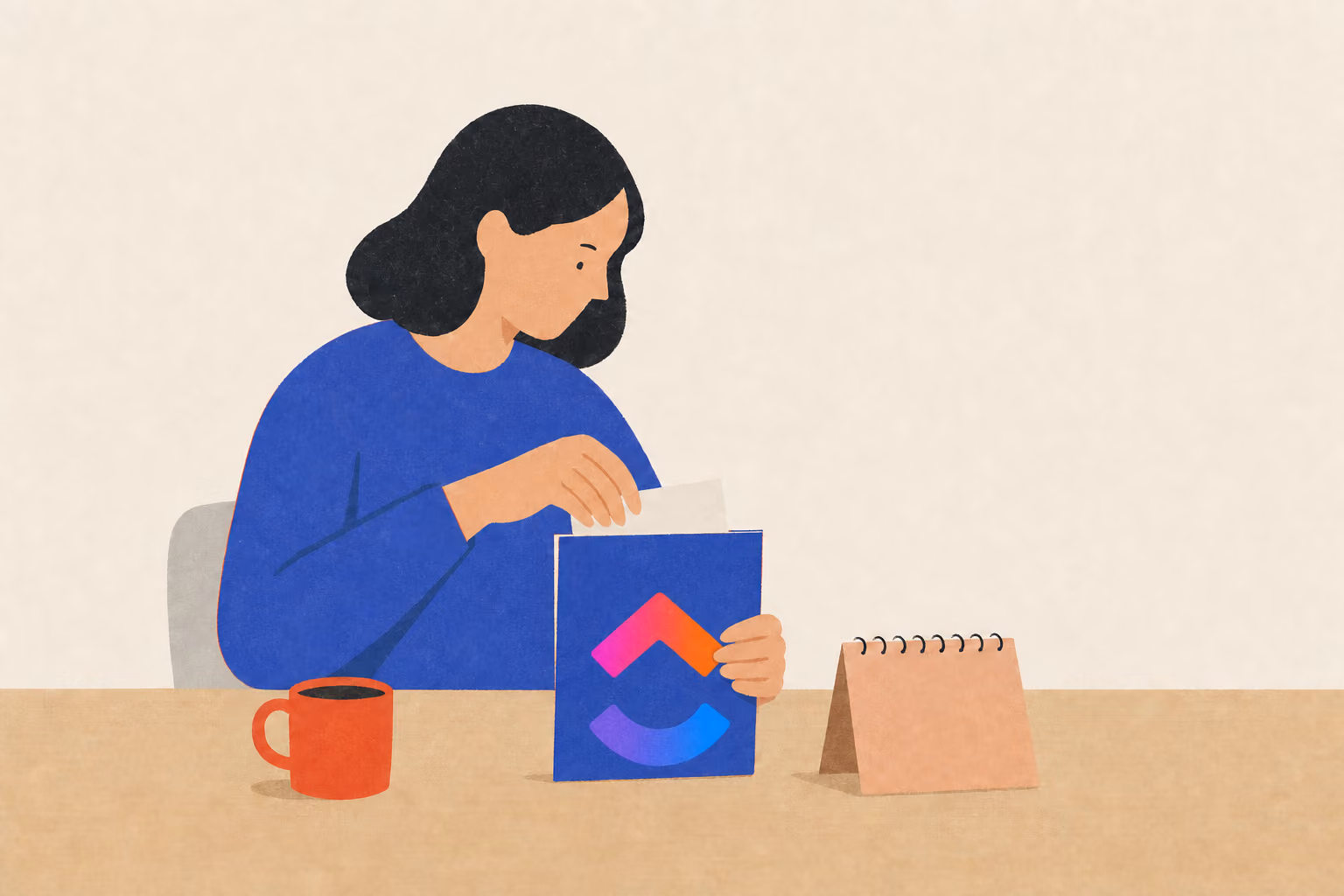 A person tucks an invoice into a task booklet beside a coffee cup and pocket calendar