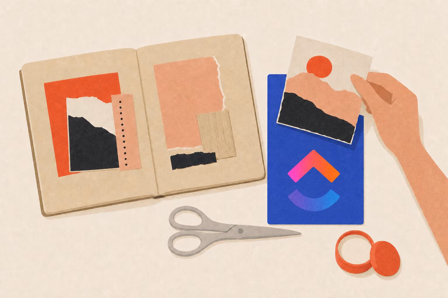 A hand lifts a magazine clipping onto a capture card beside an open scrapbook, scissors, and glue pot