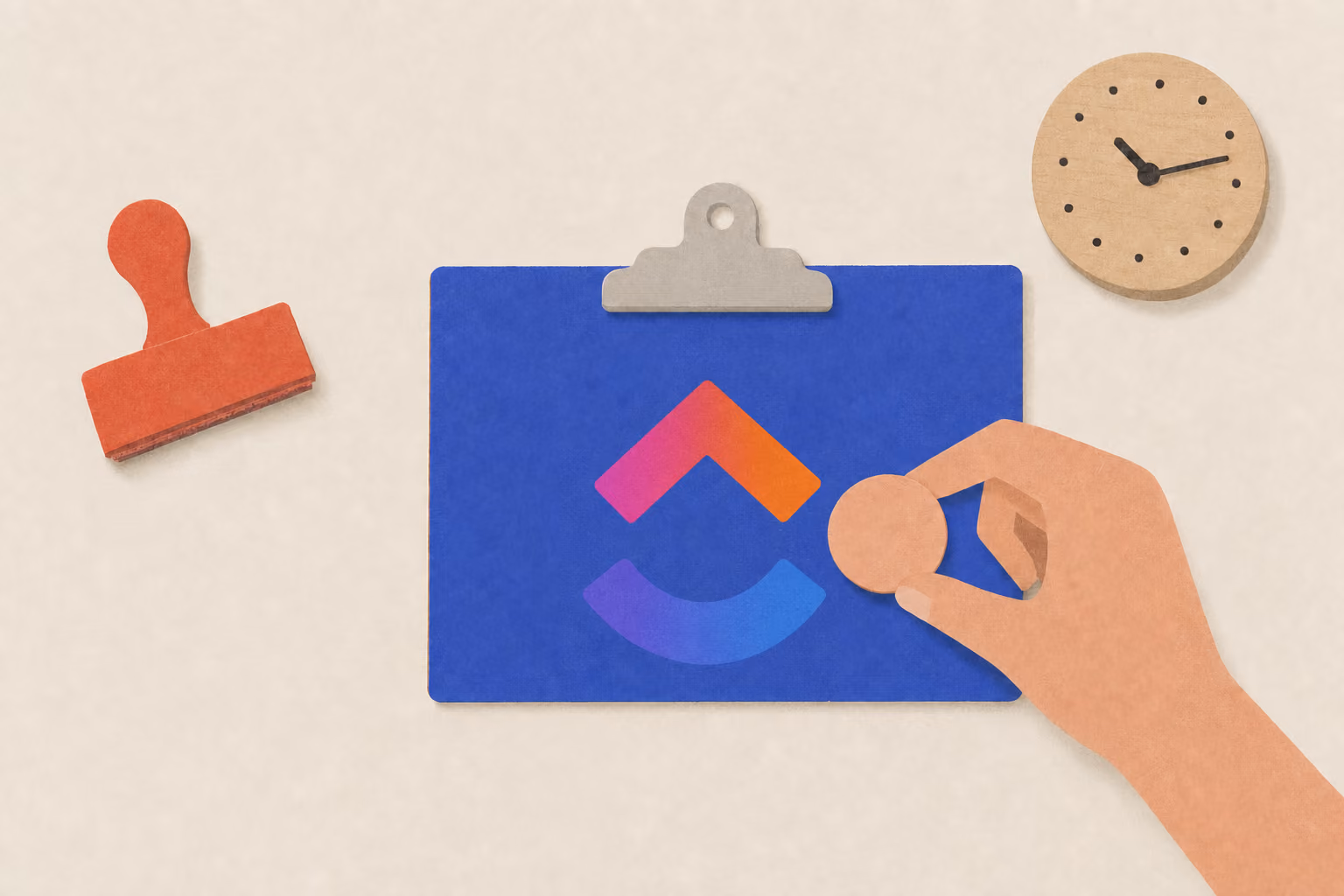 A hand nudges an assignee token onto a tracking card beside a date stamp and small clock