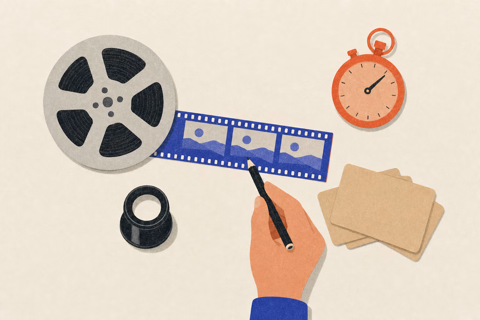 A hand points a pencil at a film strip beside a film reel, loupe, comment cards, and stopwatch