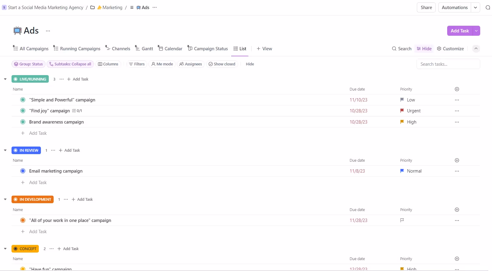 ClickUp's List View is the default view ClickUp List View