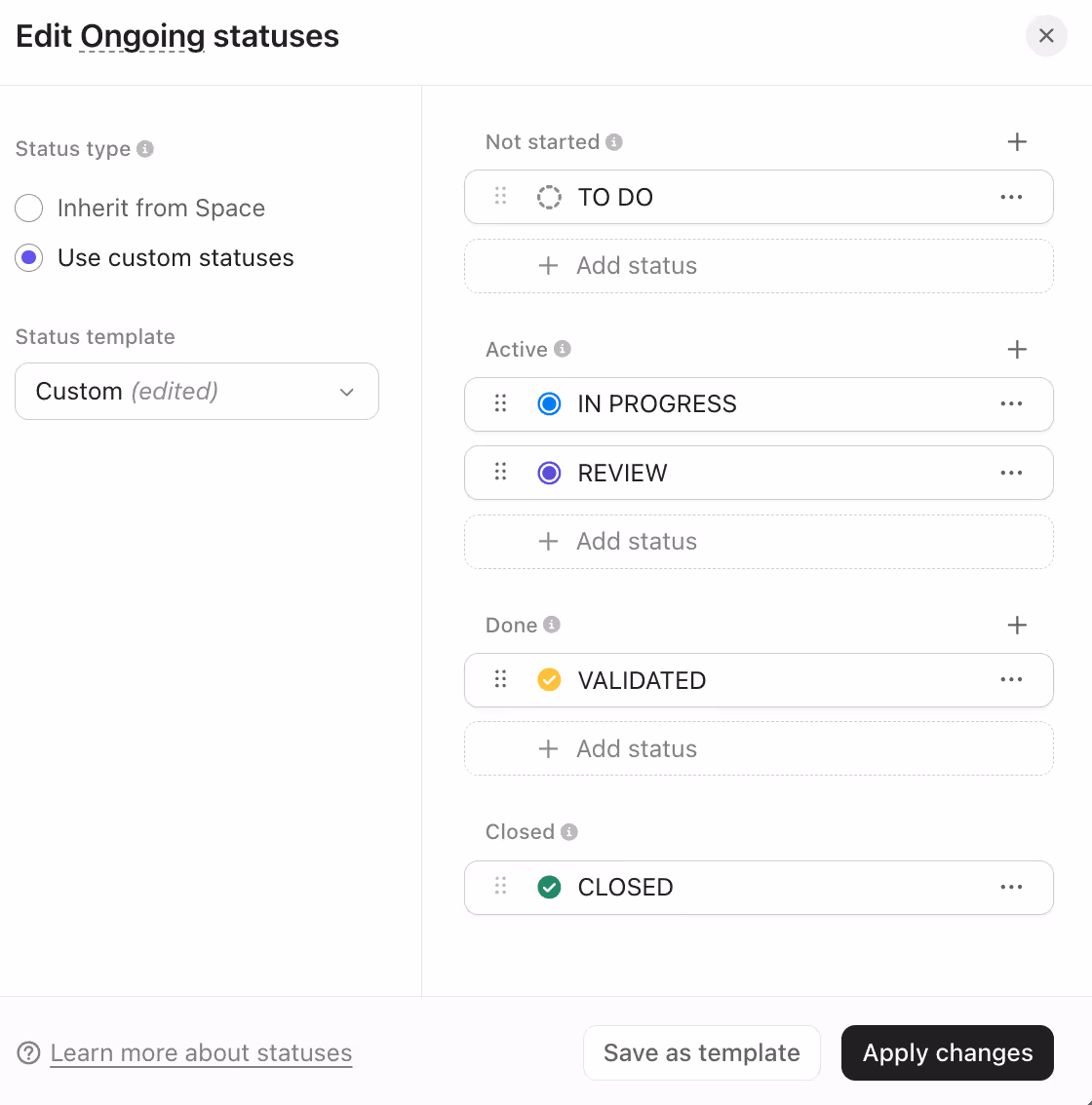 Setting up statuses