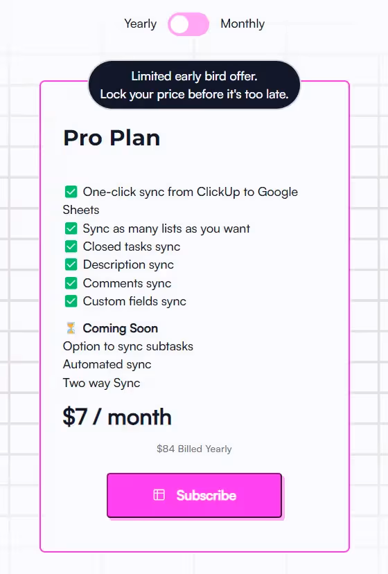 ClickUp to Sheets Pricing ClickUp to Sheets Pricing