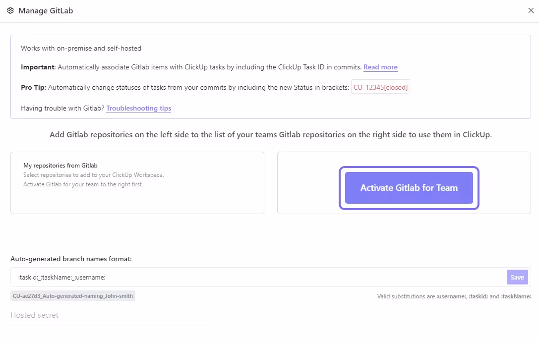 Activate Gitlab for Team for the first time in the workspace Activate Gitlab for Team for the first time in the workspace