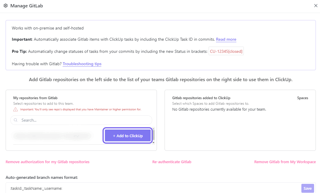 Selecting which Spaces to add GitLab repositories to Selecting which Spaces to add GitLab repositories to