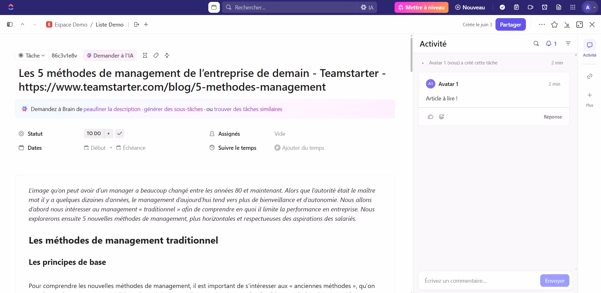 Article en tant que tâche ClickUp