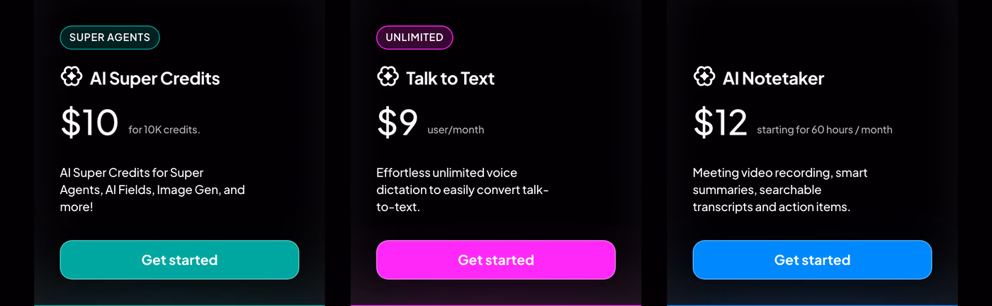 ClickUp's AI add-ons: Super Credits at $10 for 10,000, Talk to Text at $9 a user a month, and AI Notetaker from $12 for 60 hours a month