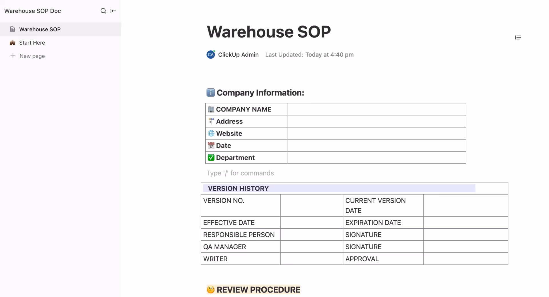 Manufacturing/Warehouse SOP Template Manufacturing/Warehouse SOP Template