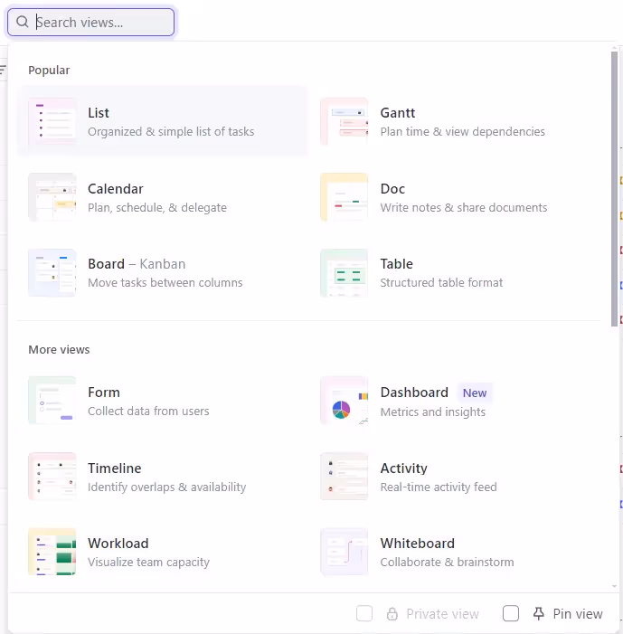 Different ClickUp views Different ClickUp views