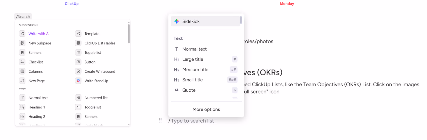 Menus de commandes slash de ClickUp et Monday Docs