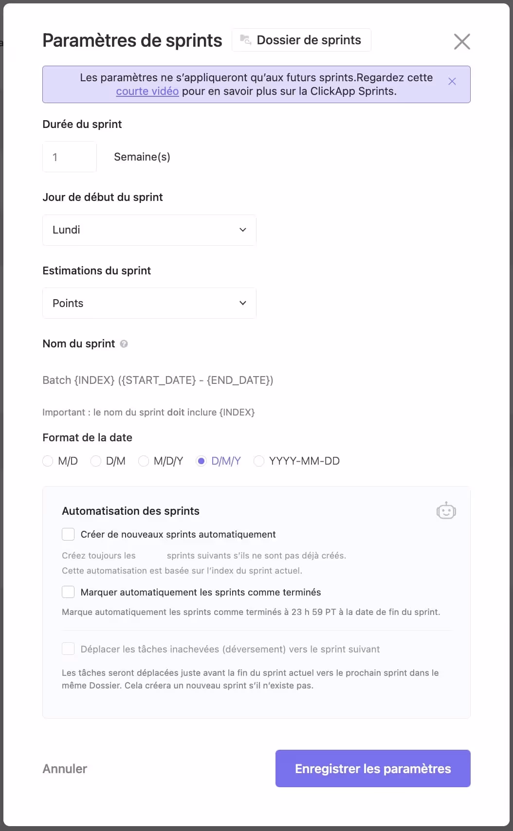Configuration des Sprints ClickUp