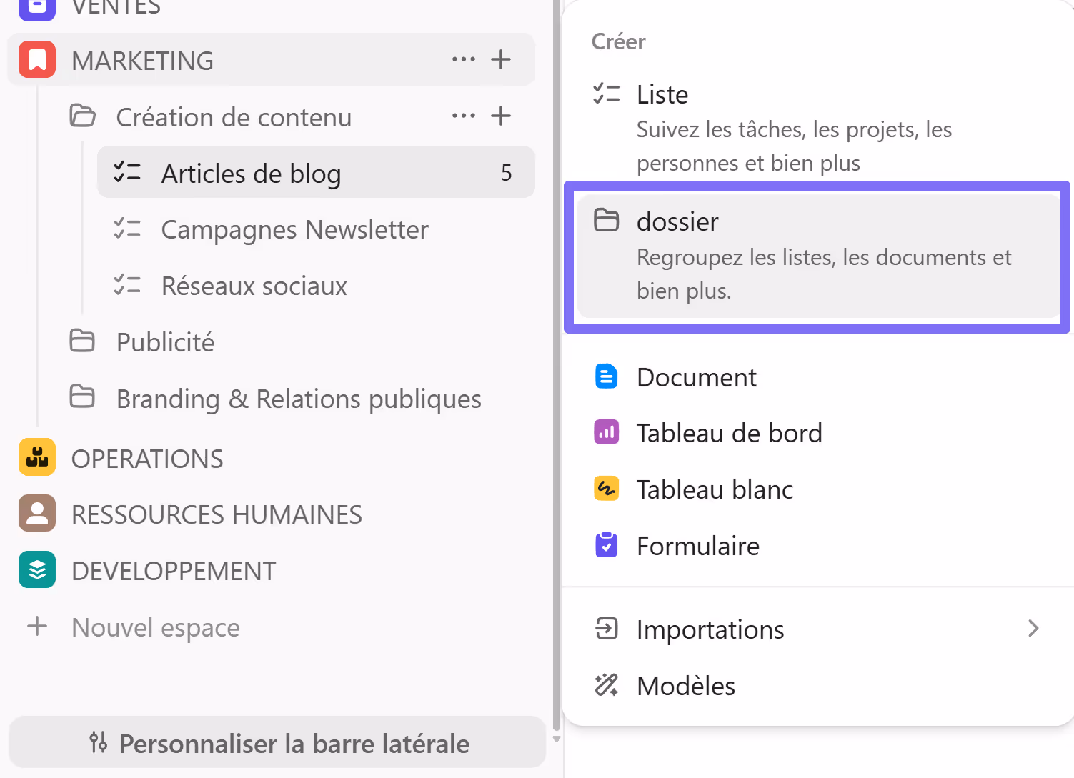 Création d'un dossier