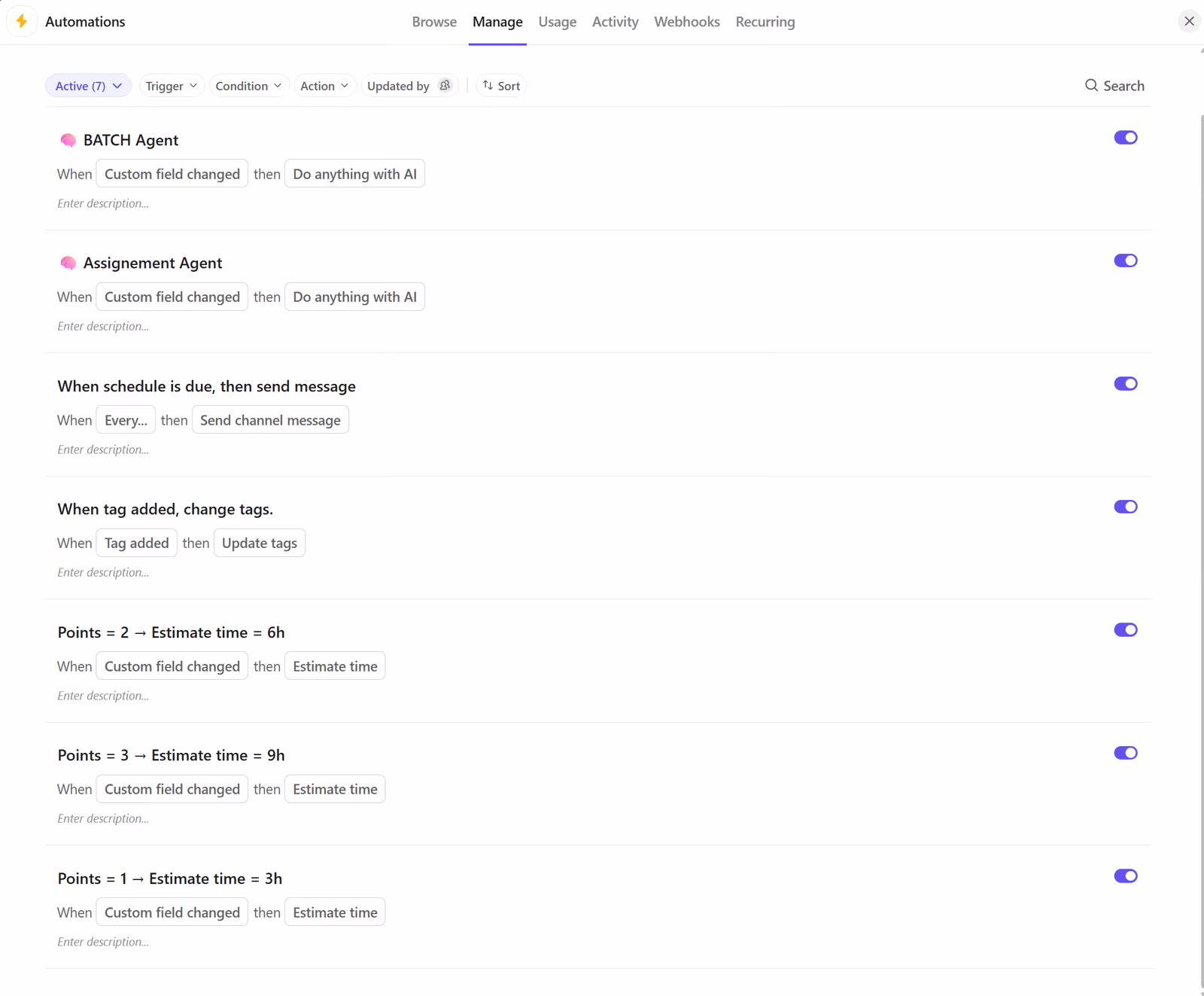 Liste des automatisations ClickUp