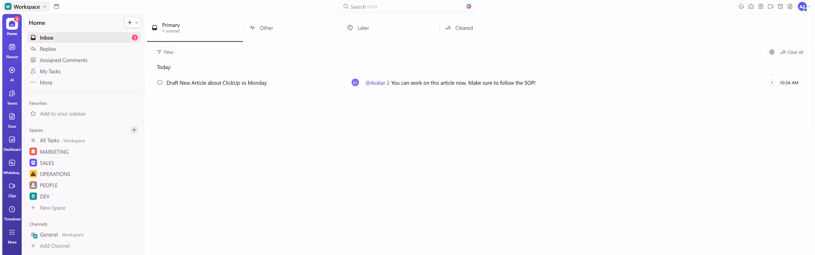 Boîte de réception ClickUp avec une mention
