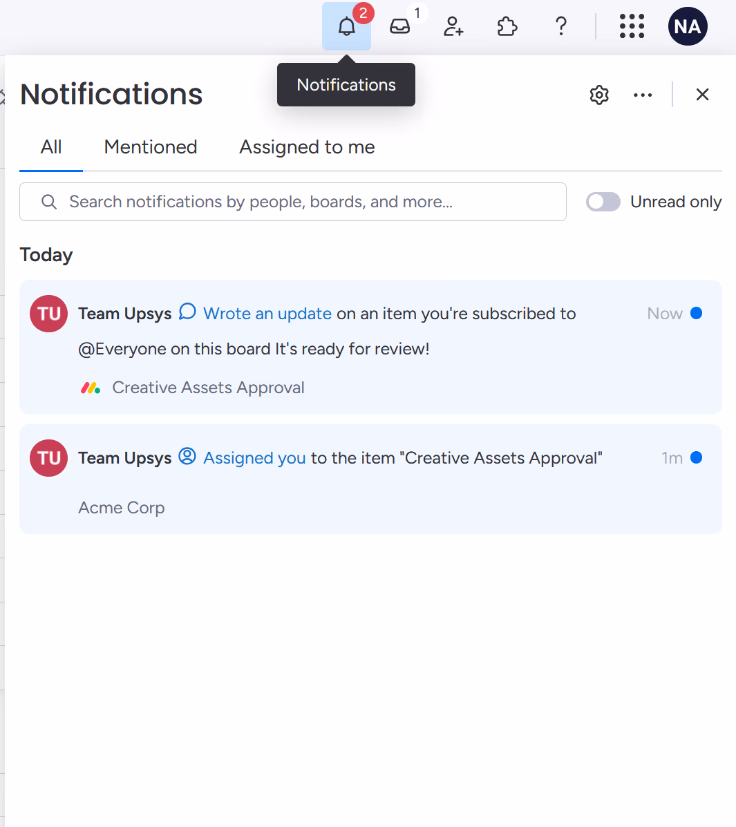 Fil de notifications Monday